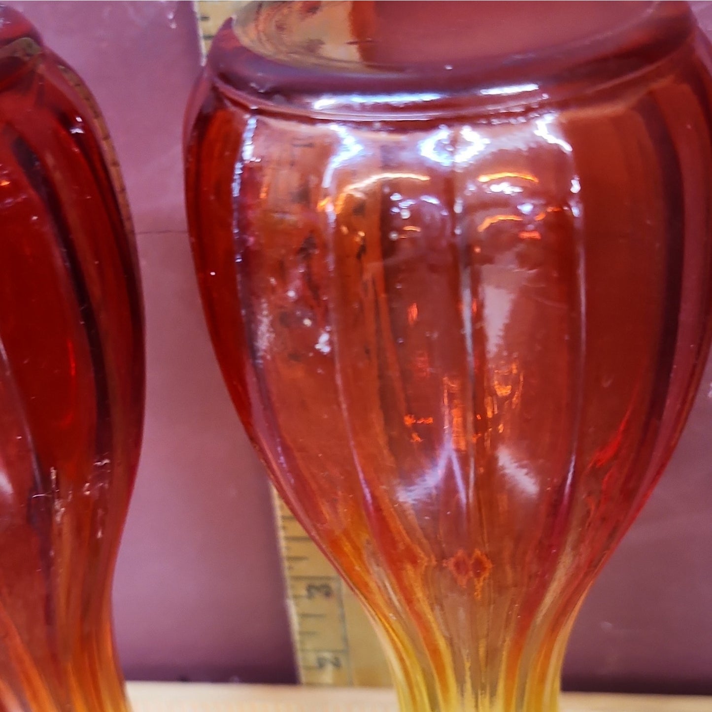 Pair Red Yellow Ombre Ribbed Swirl Art Glass Bud Vases, Glossy, 9 in