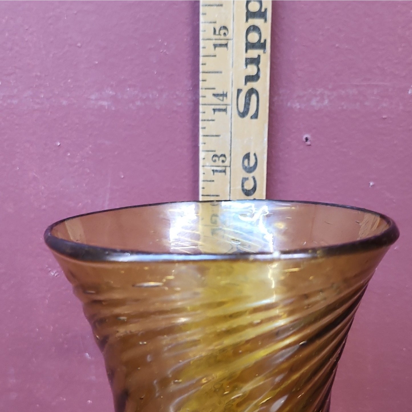 Amber Swirl Art Glass Vase, Hand Blown, Decorative, Glossy Finish, 13 In