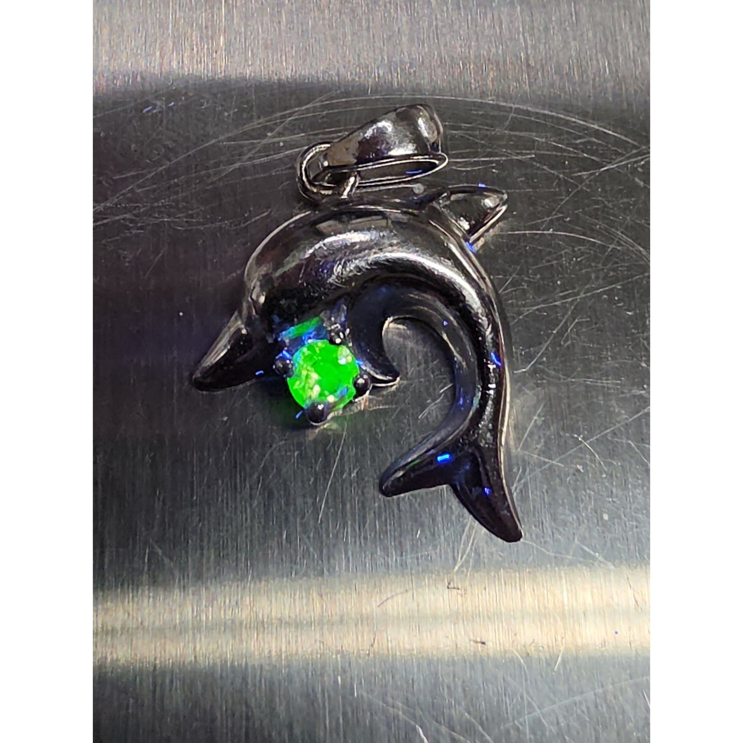 Vintage Sterling Silver Dolphin Pendant Charm with Pink Glass Accent