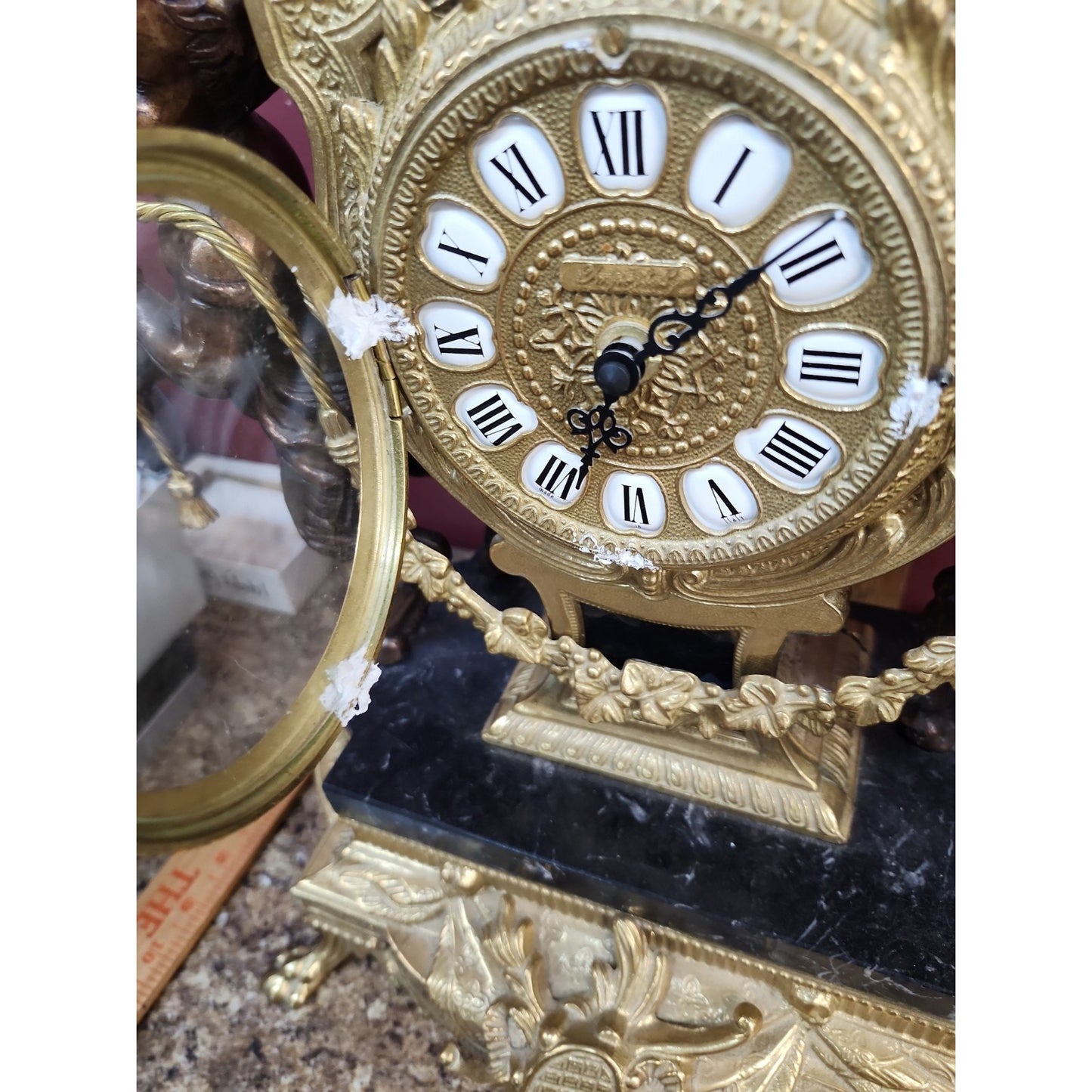 Large Imperial Lancini Italian Made Gilded Bronze & Marble Mantle Clock Satyrs