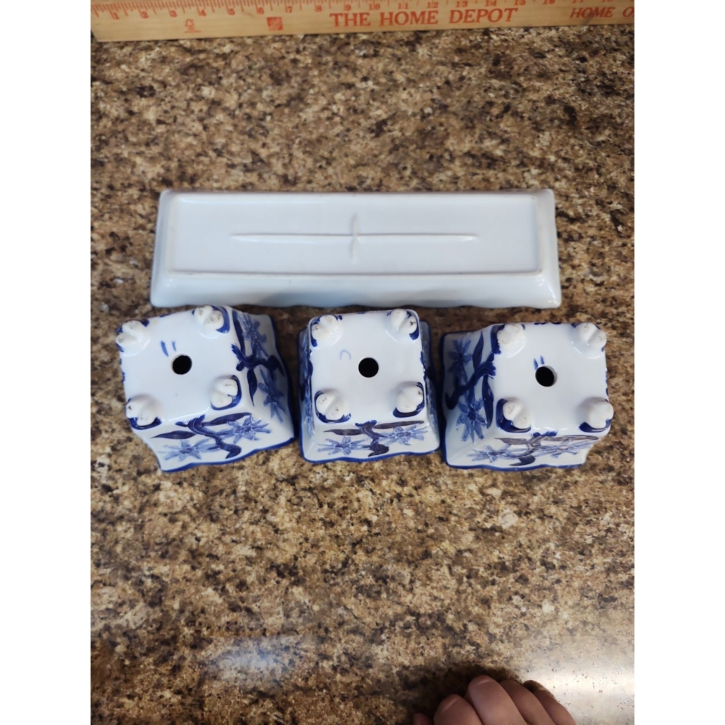 Vintage Set of 3 Small Blue & White Raised Floral/ Ceramic Pot/Planter's