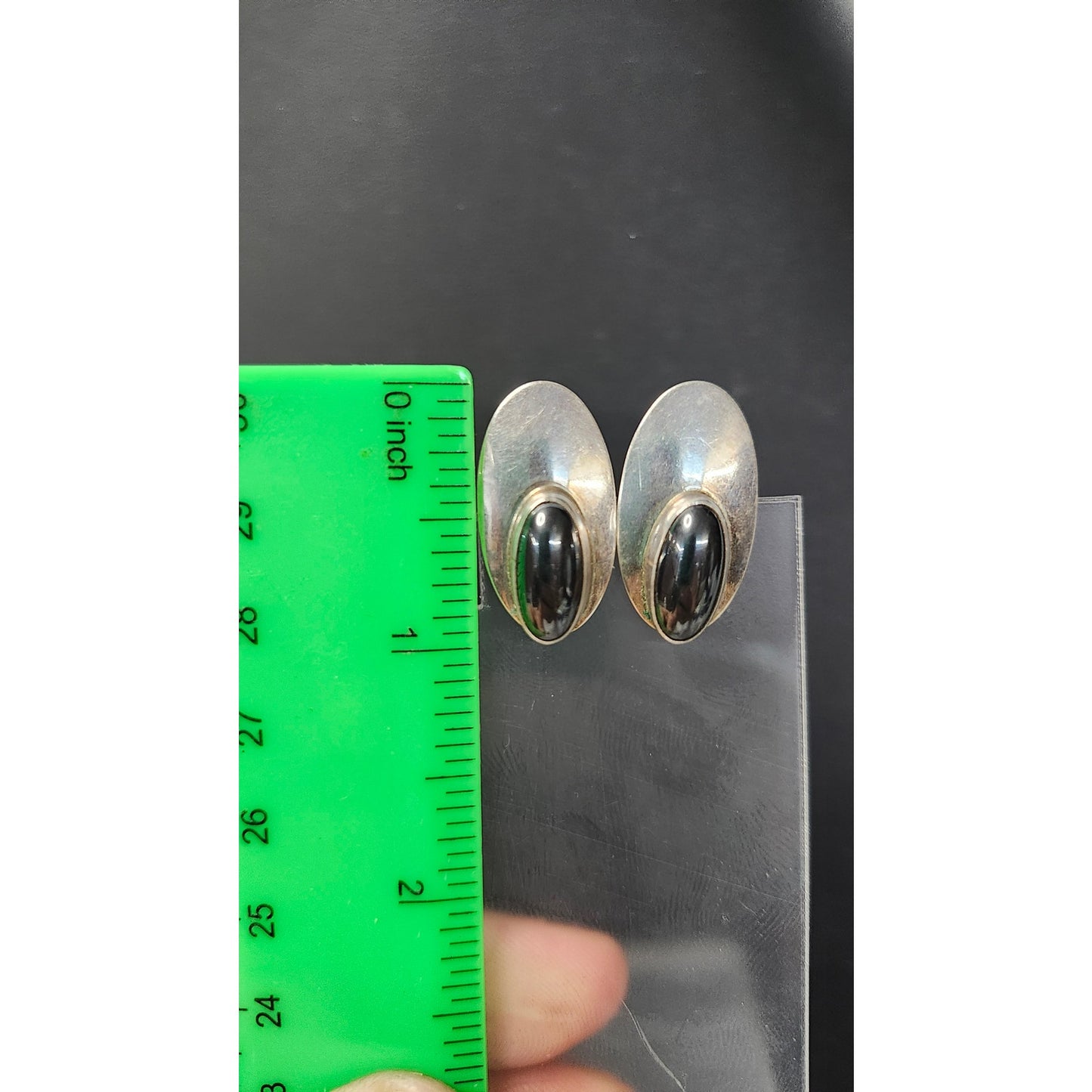 Vintage Sterling Silver Black Onyx Hematite Oval Clip-On Earrings