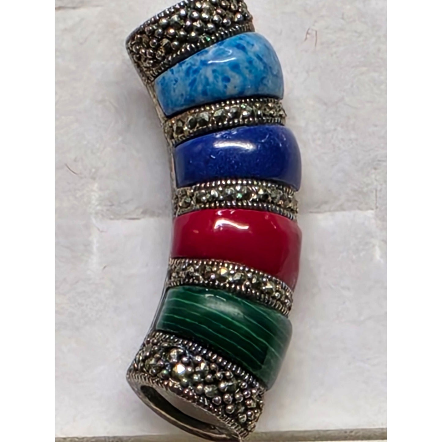 Vintage 925 Sterling Silver Multi-Stone Curved Slider Pendant Southwestern
