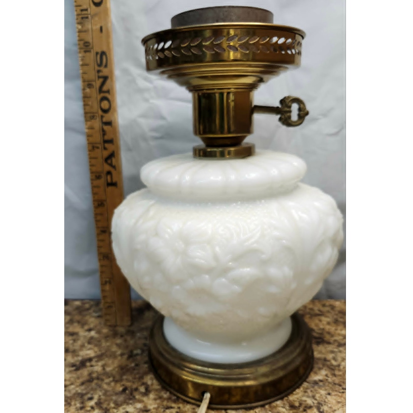 Vintage White Milk Glass Electric Table Lamp Brass Base Raised Floral Embossed