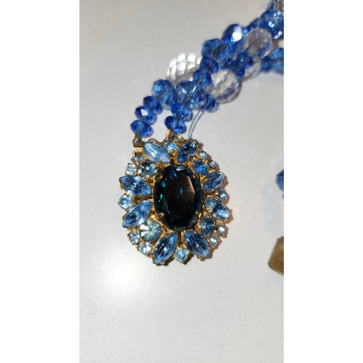 Vintage Darien Multi Strand Faceted Bead Necklace Blue Clear Lead Crystal 21"