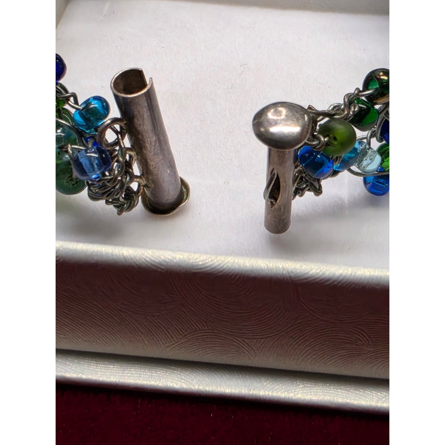 Vintage Sterling Silver Stone Multi Strand Beaded Slide Clasp Bracelet Blue Green