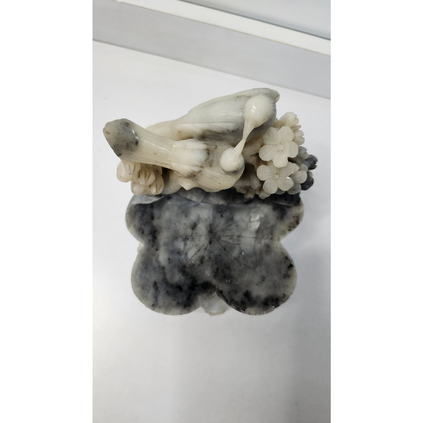 VTG Chinese Soapstone Trinket Dish Gray Hand Carved Bird Flowers Statue Gray