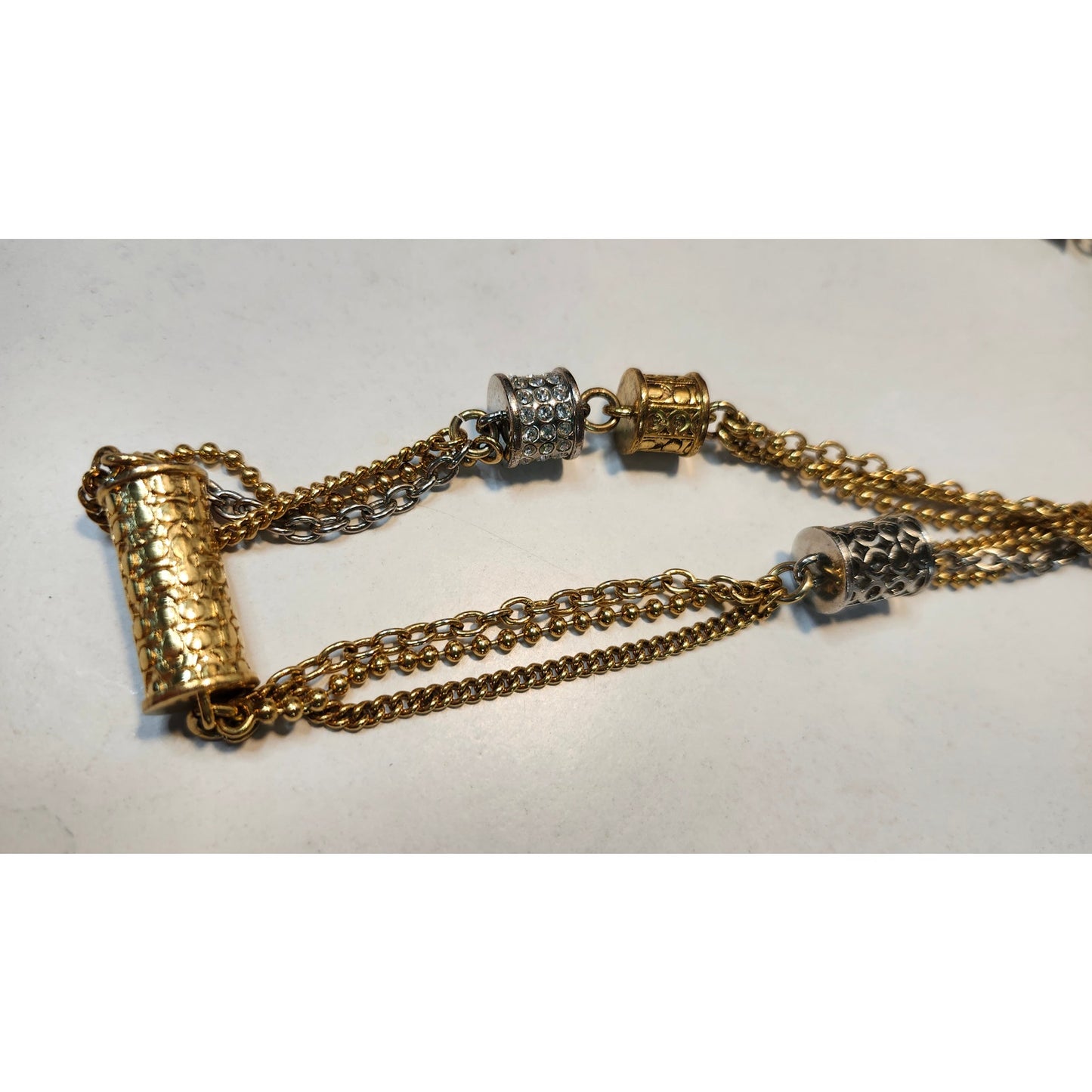 Coach Multi Strand Cylinder Long Station Statement Necklace Two Tone Pave Chain