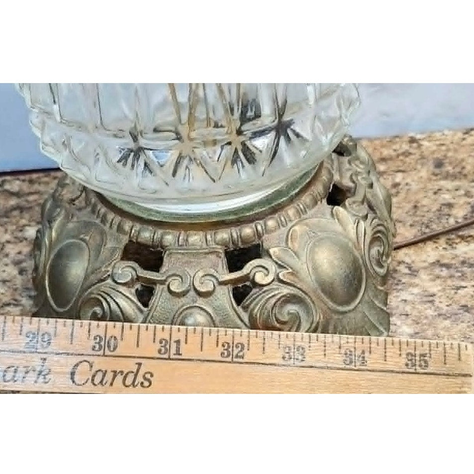 Vintage Brass Diamond Cut Crystal Glass Table Lamp Night Light Hollywood Regency