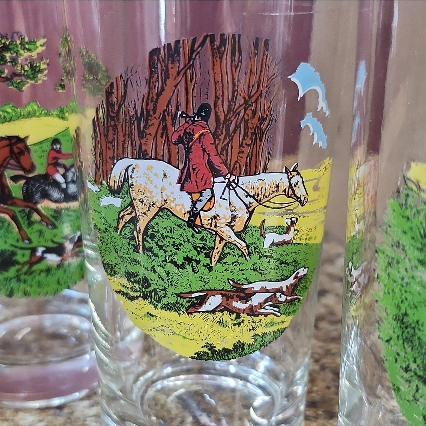 Neiman Marcus Style Glass Pitcher + 6 Tumblers, Hunting Scene Horses