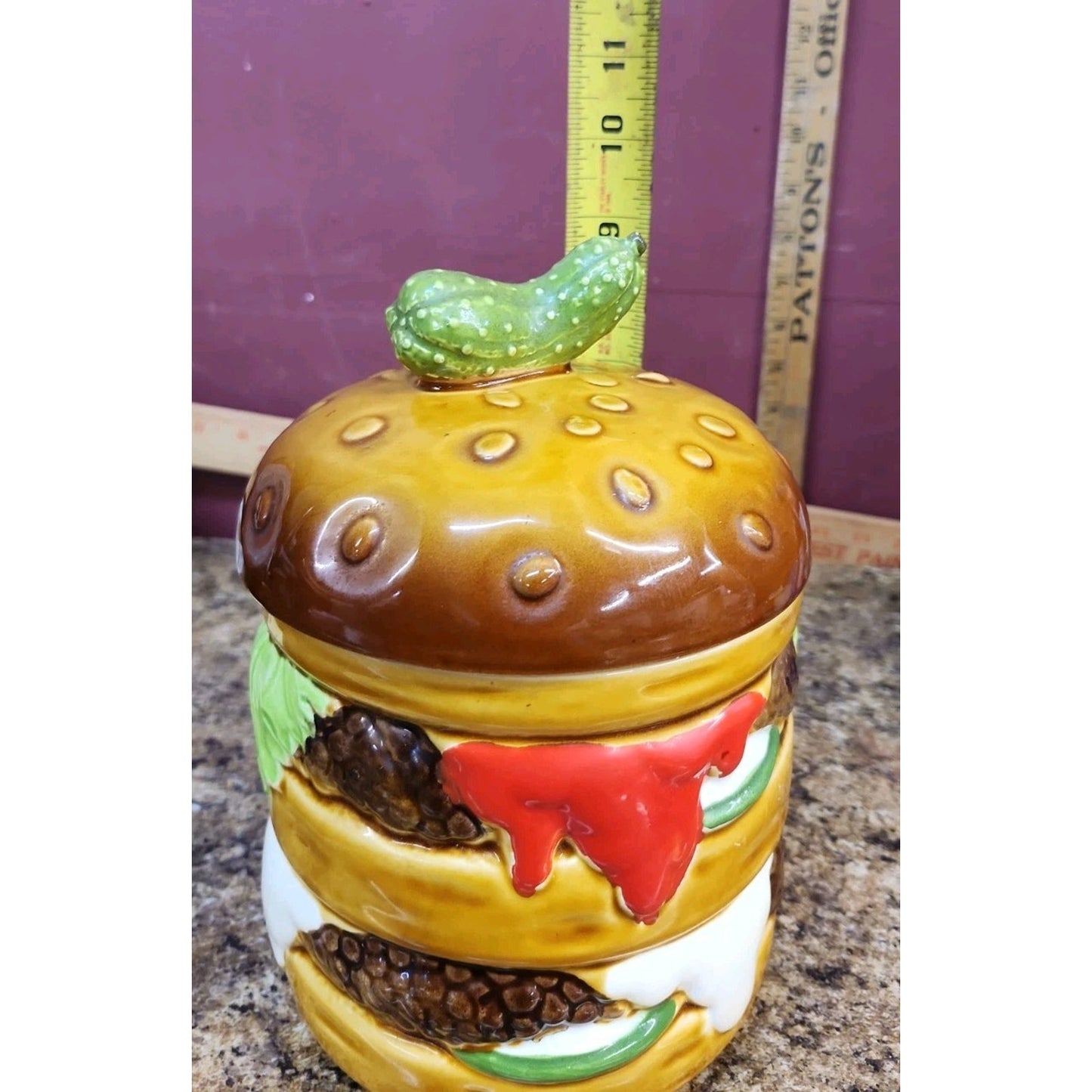 Double Decker Cheese Hamburger Cookie Jar With Pickle Lid 9" Cara Creations