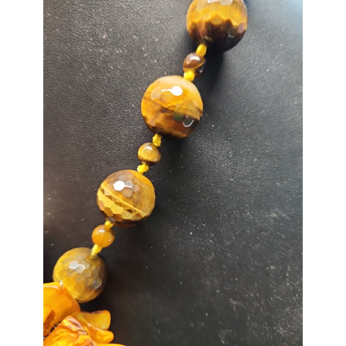 Vintage Tiger's Eye Necklace Faceted Round Beads Shell Flower 18"