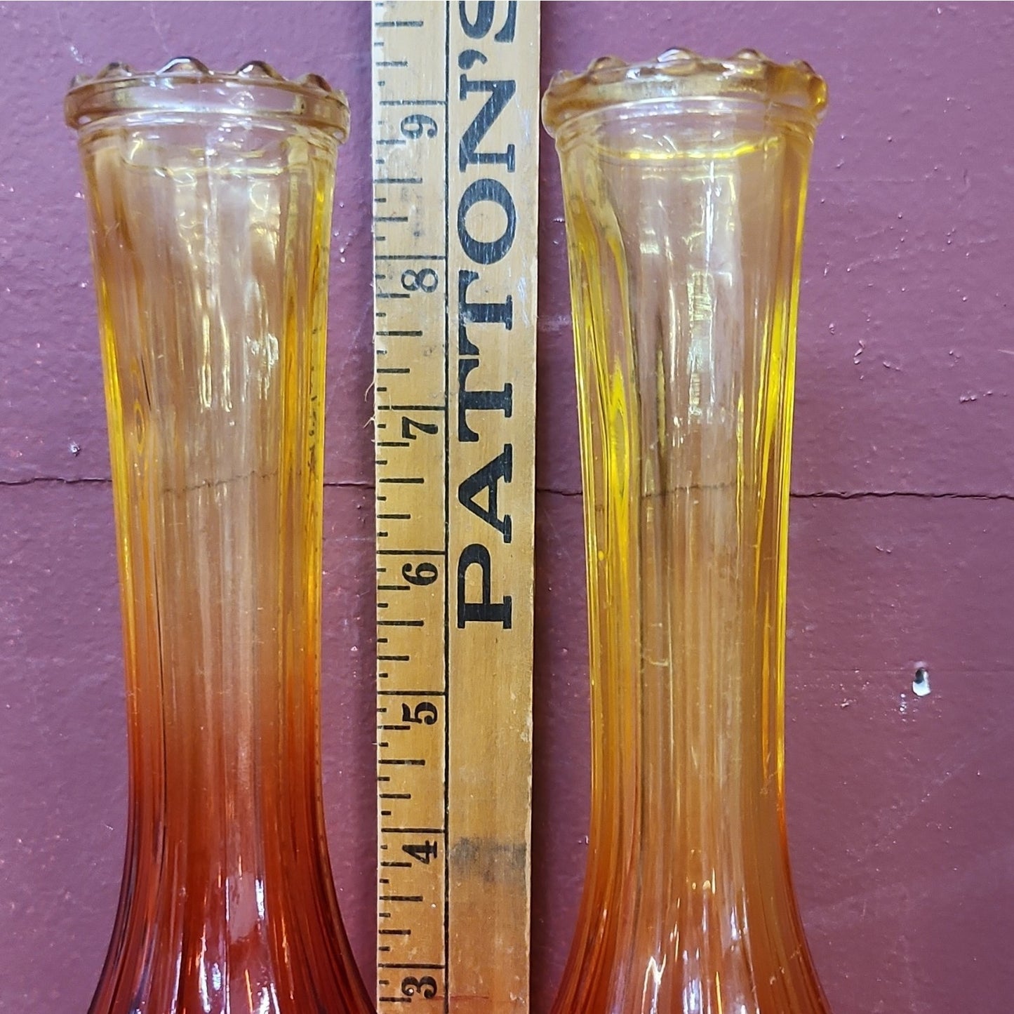 Pair Red Yellow Ombre Ribbed Swirl Art Glass Bud Vases, Glossy, 9 in