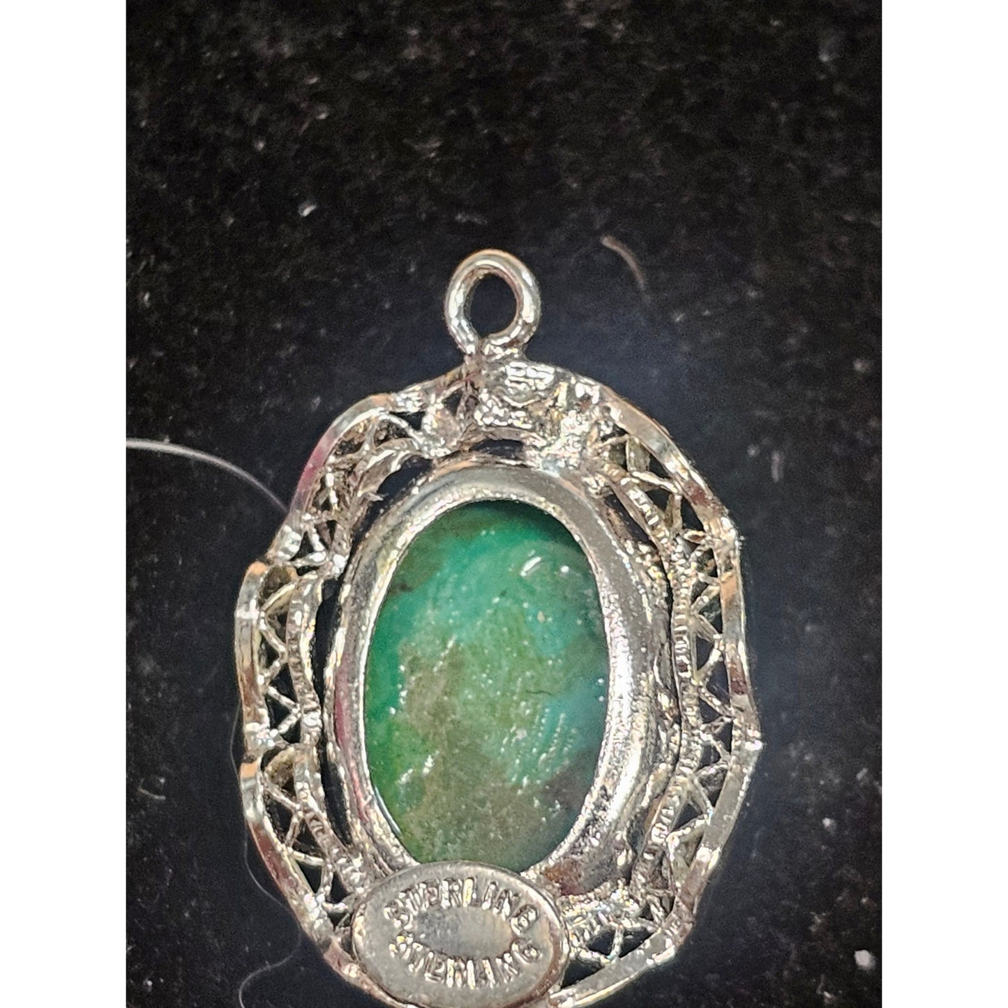 Vintage Sterling Silver Green Cabochon Oval Pendant