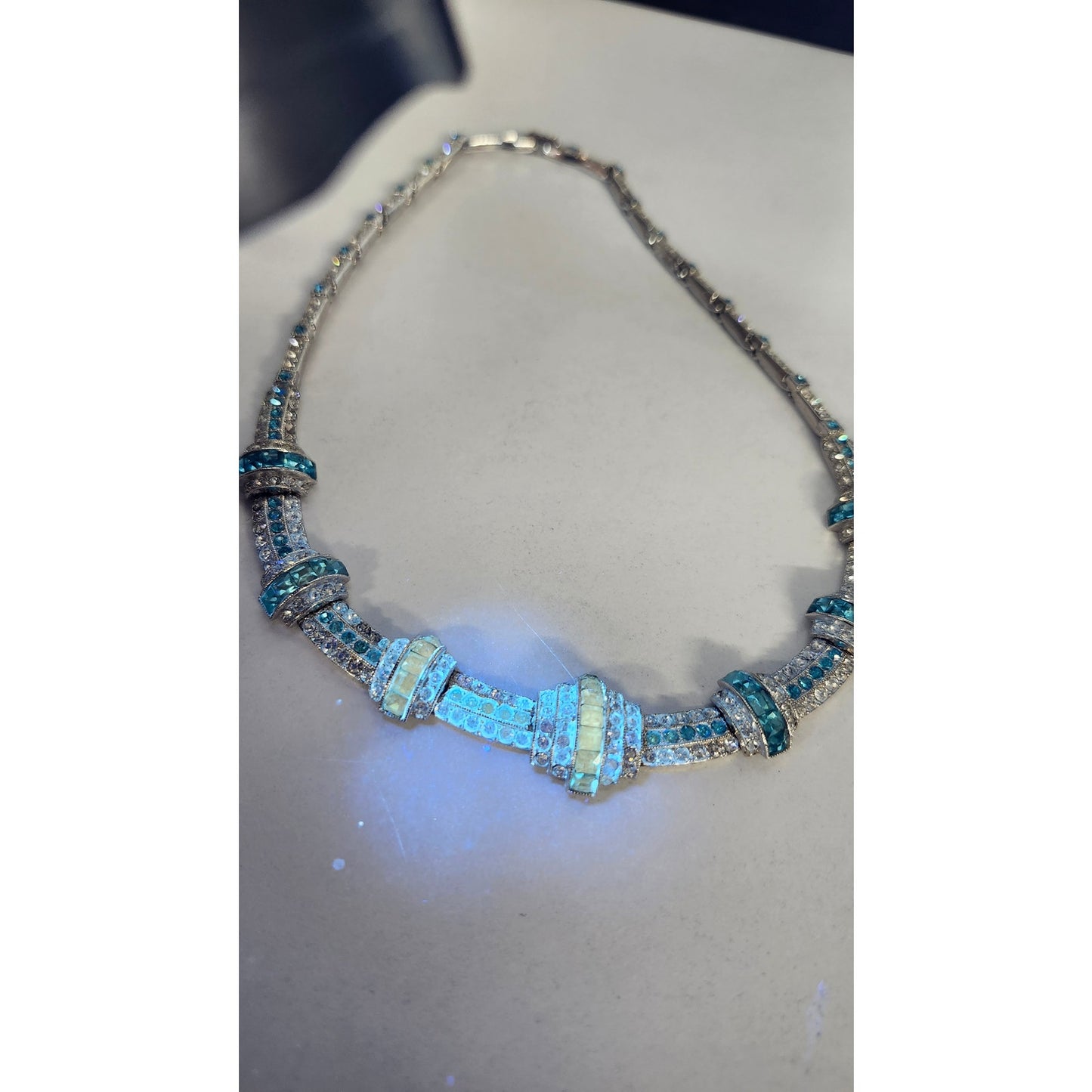 Vintage 1950s ORA Blue Rhinestone Collar Statement Necklace Costume