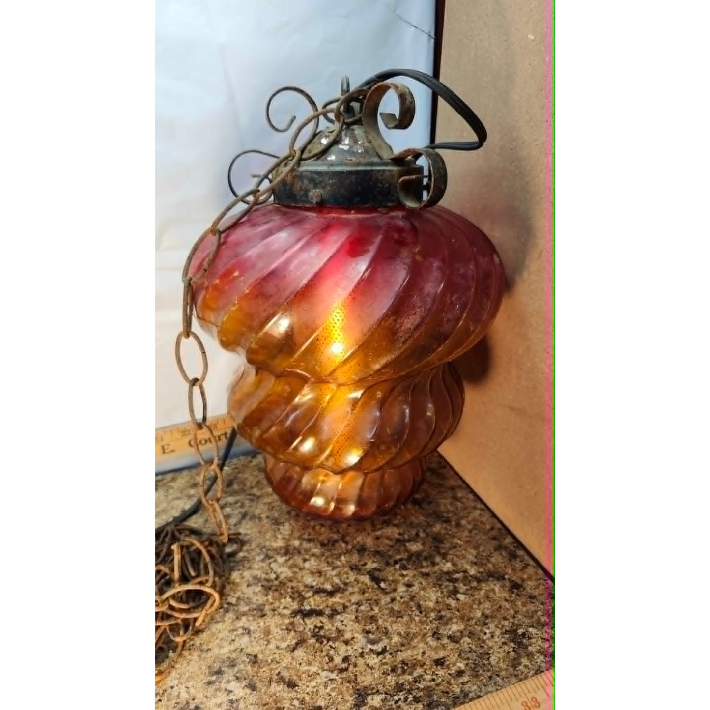 Vintage Swirl Glass Swag Lamp Hanging Light Fixture Red Amber Mid Century Retro