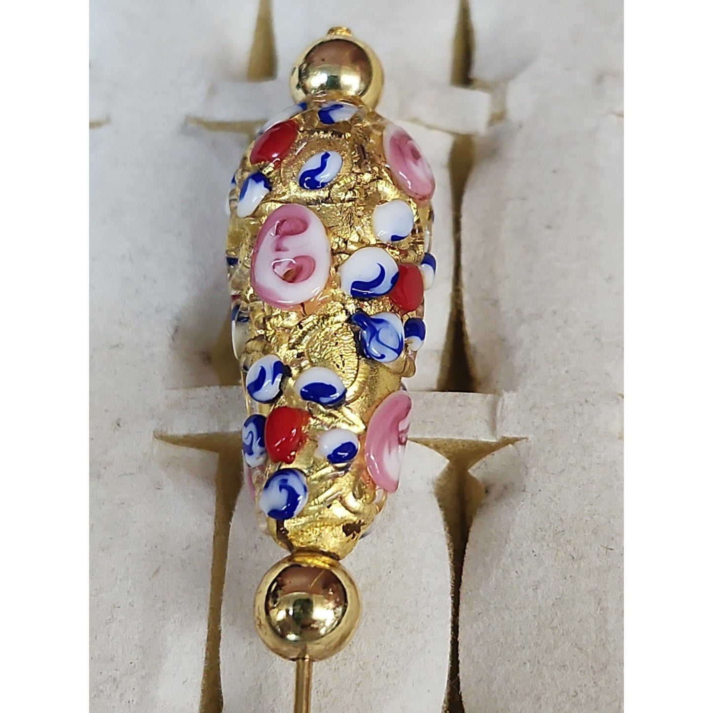 Vintage Handblown Venetian Glass Hat Stick Pin Gold Raised Floral Flowers