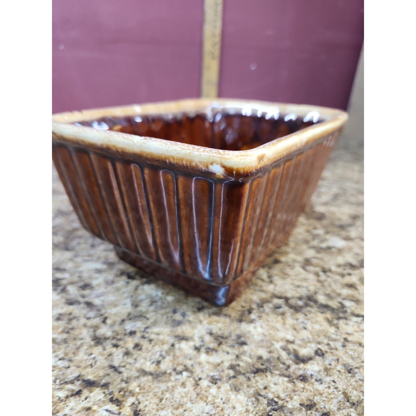 Hull 717 Pottery Planter Light Brown Drip Glaze Signed USA 7"x 5-1/4 x 4" high