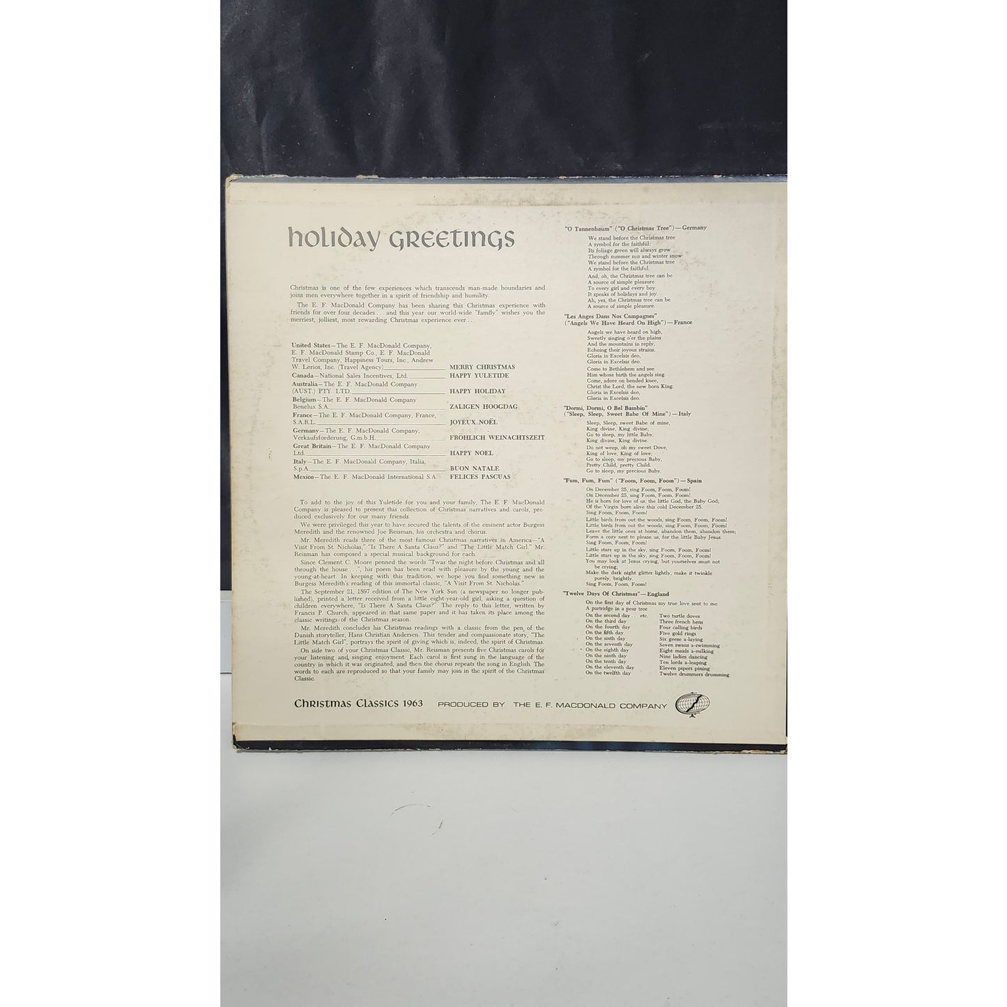 Christmas Classics 1963 Burgess Meredith LP Vinyl The E. F. MacDonald Co EFMX-63
