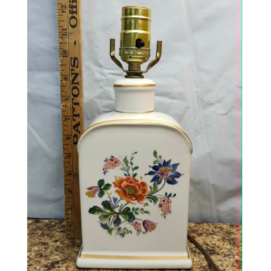Vintage Porcelain Table Lamp Floral Tea Caddy White Gold Trim Accent Nightstand