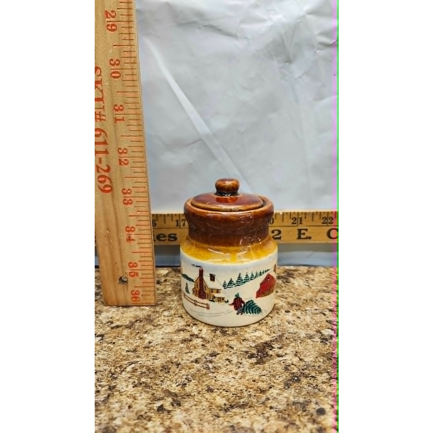 Vintage Miniature Ceramic Stoneware Storage Spice Crock Cheese Jar Winter Scene