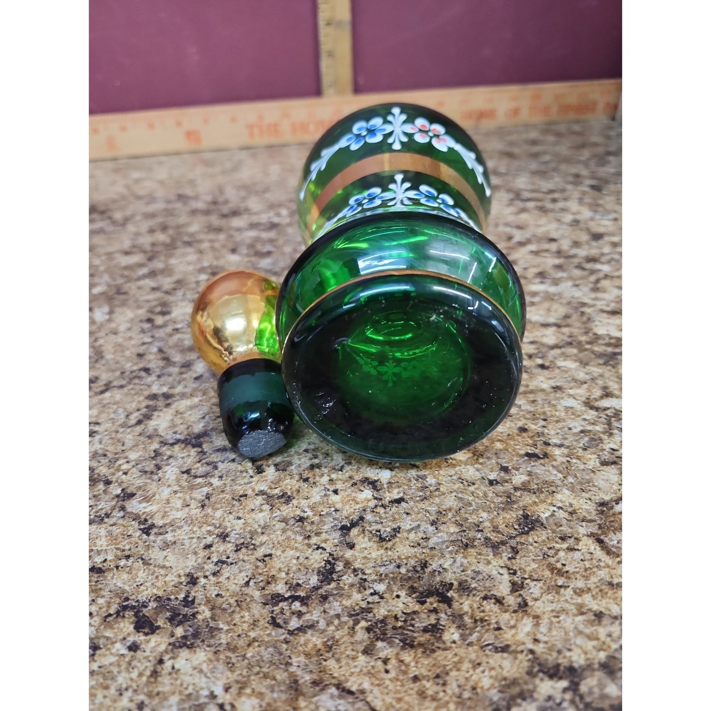 Vintage Hand-Painted Emerald Green Venetian Glass Decanter w/Stopper MCM