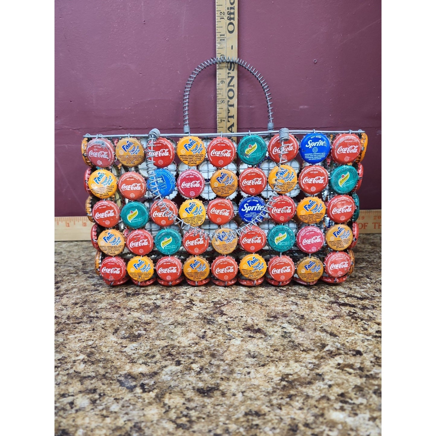 Beautiful Coca Cola Soda POP Bottle Cap Basket with Handle Folk Art Purse Tote