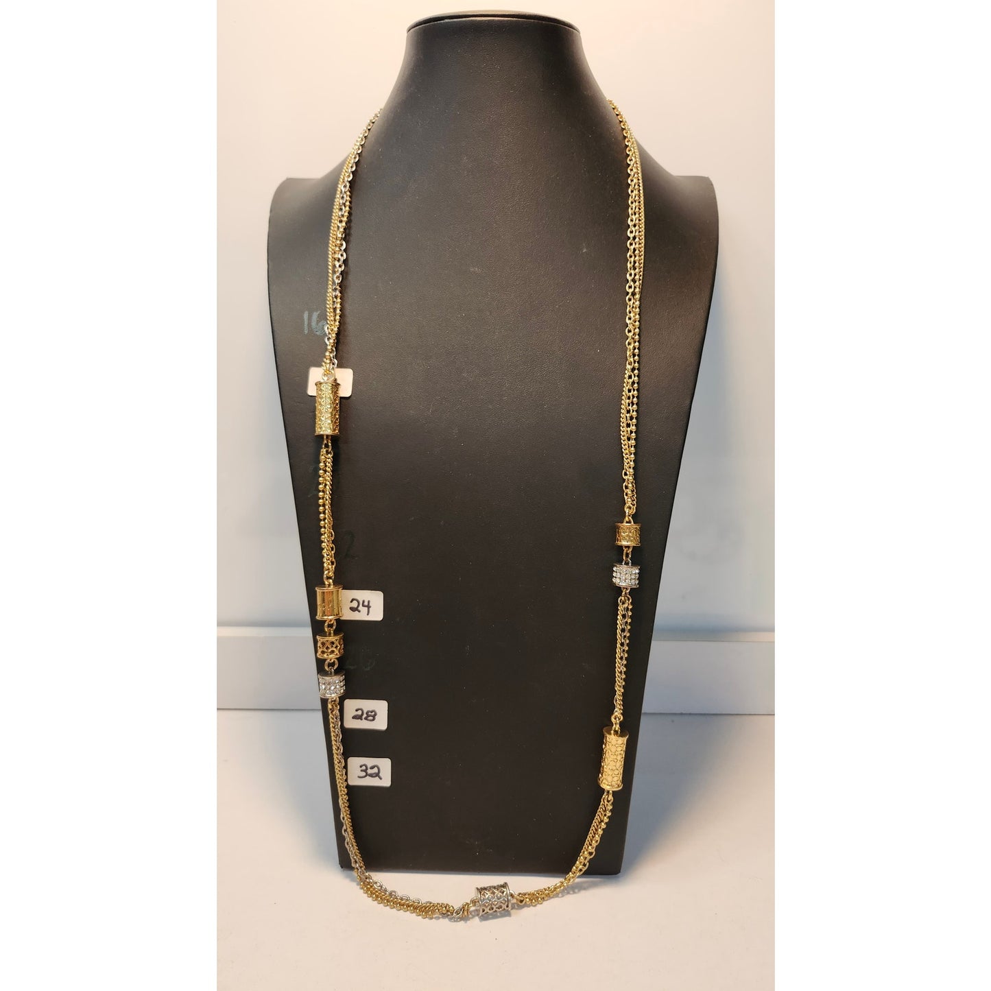 Coach Multi Strand Cylinder Long Station Statement Necklace Two Tone Pave Chain