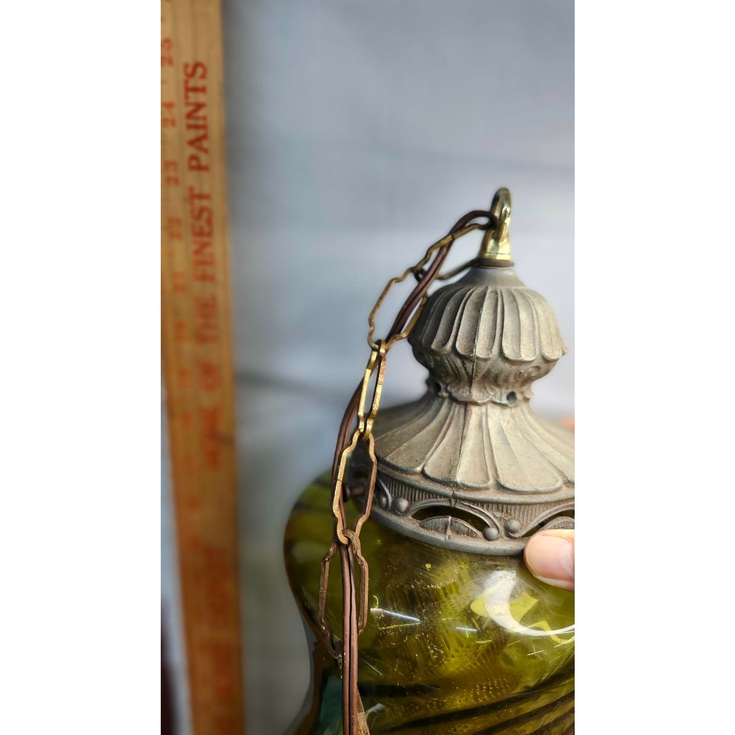 Vintage Swirl Glass Hanging Swag Lamp Light Fixture Green Mid Century Modern 20"