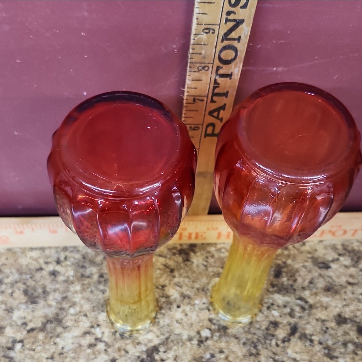 Pair Red Yellow Ombre Ribbed Swirl Art Glass Bud Vases, Glossy, 9 in