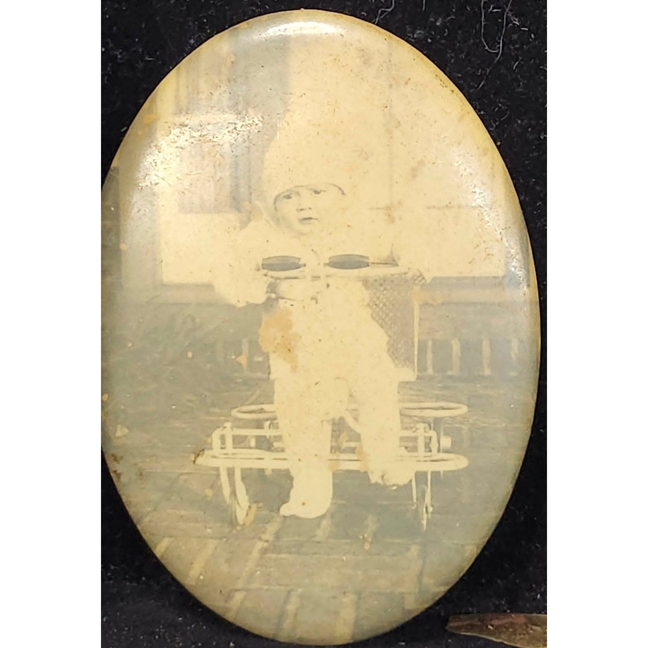 Vintage Celluloid Real Photo Pocket Mirror Sepia Child Toddler Oval Collectible