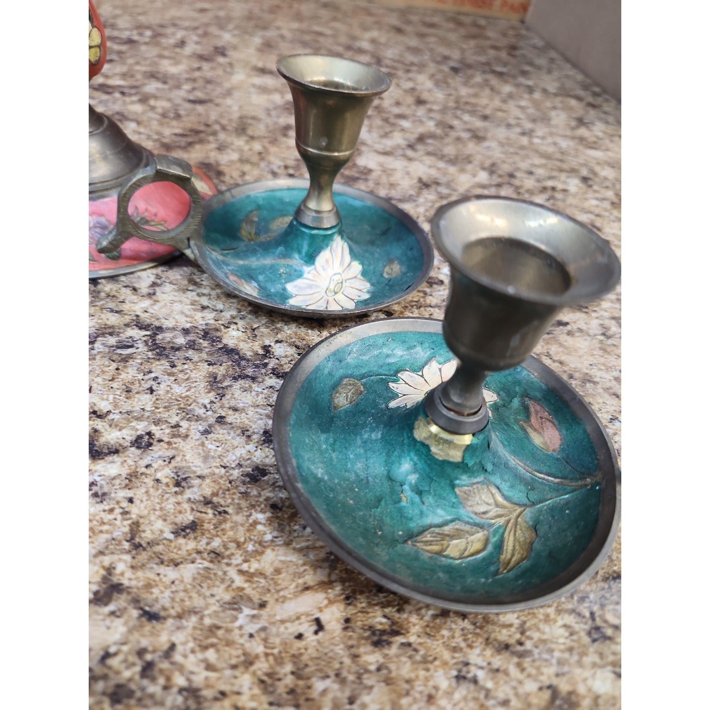 LOT OF 4 VINTAGE Floral ENAMELED BRASS CANDLE HOLDERS MADE IN INDIA
