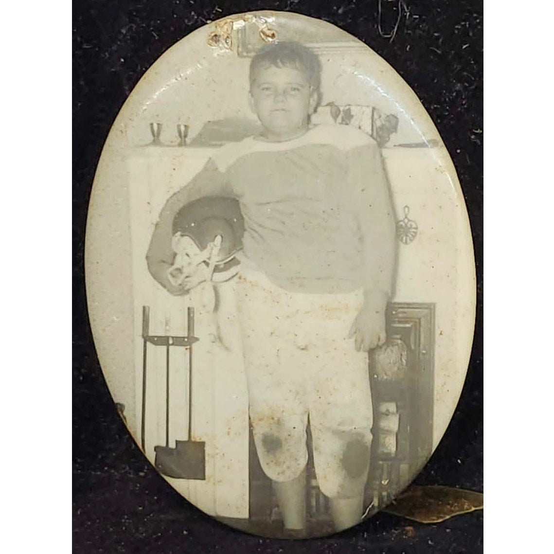 VTG 40s Celluloid Oval Compact Mirror Black White Real Photo Plaque Portrait