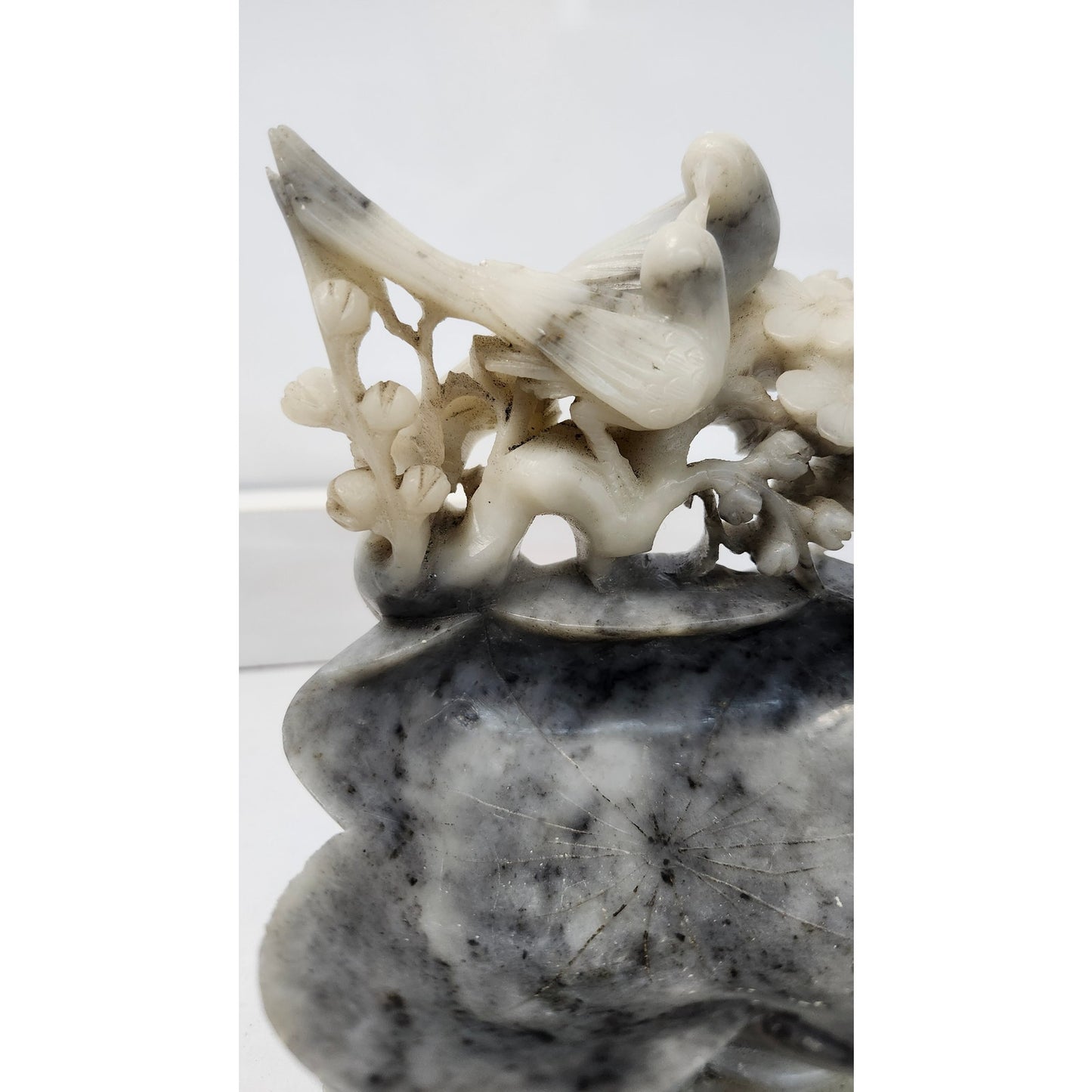 VTG Chinese Soapstone Trinket Dish Gray Hand Carved Bird Flowers Statue Gray