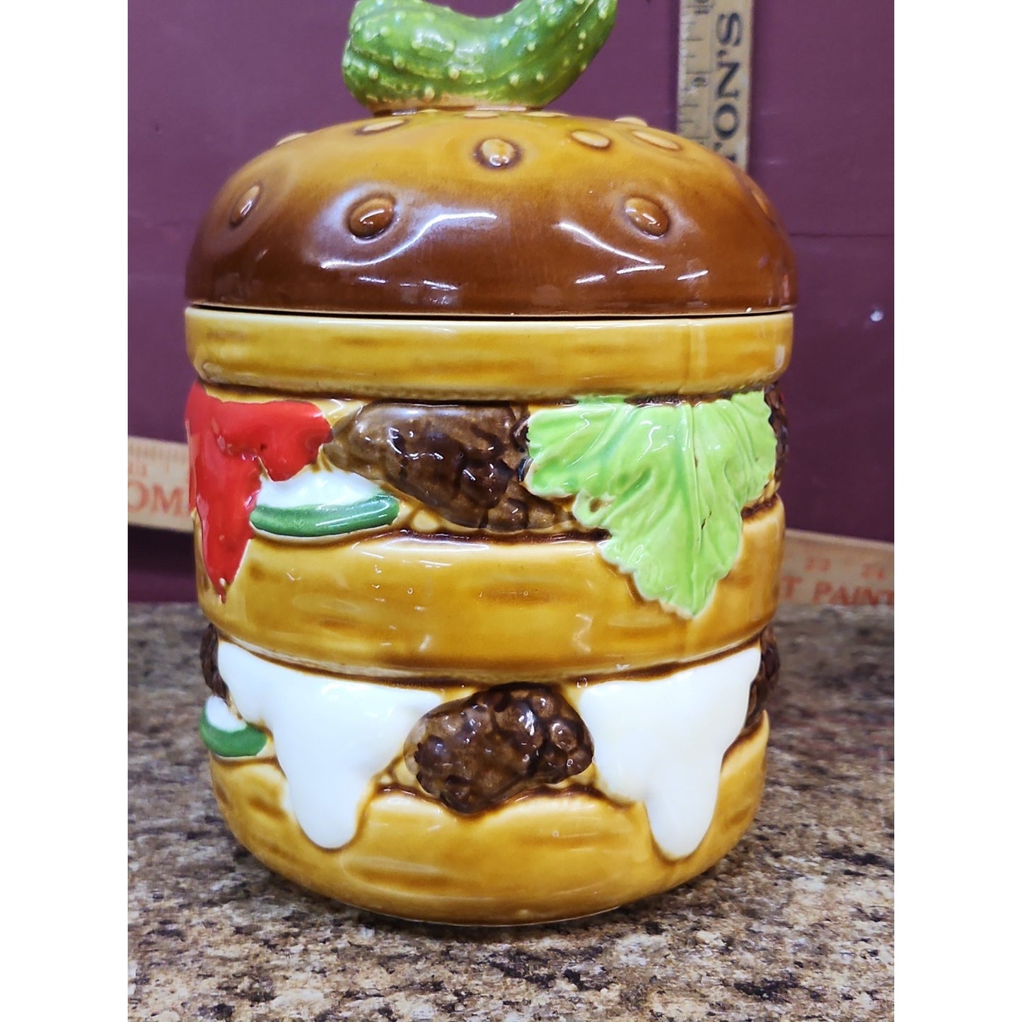 Double Decker Cheese Hamburger Cookie Jar With Pickle Lid 9" Cara Creations