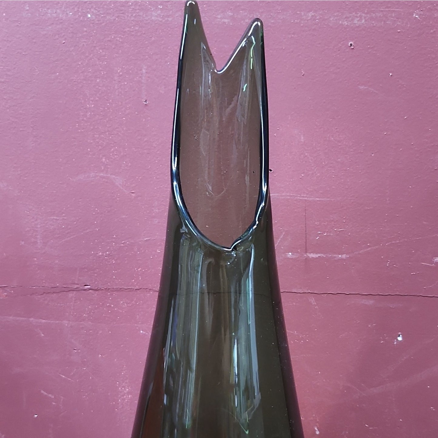 Unmarked Sculptural Green Glass Art Swung Vase w/ Flared Rim, 13 In, Green