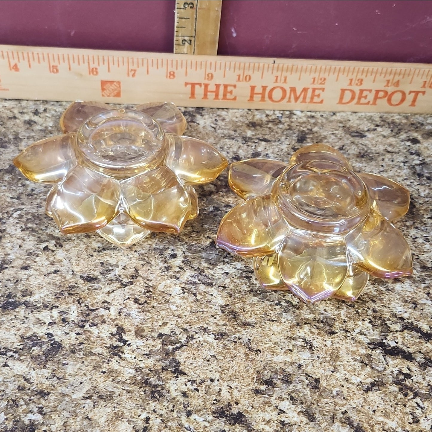 Set of 2 Iridescent Glass Lotus Flower Tea Light Candle Holders Clear Amber