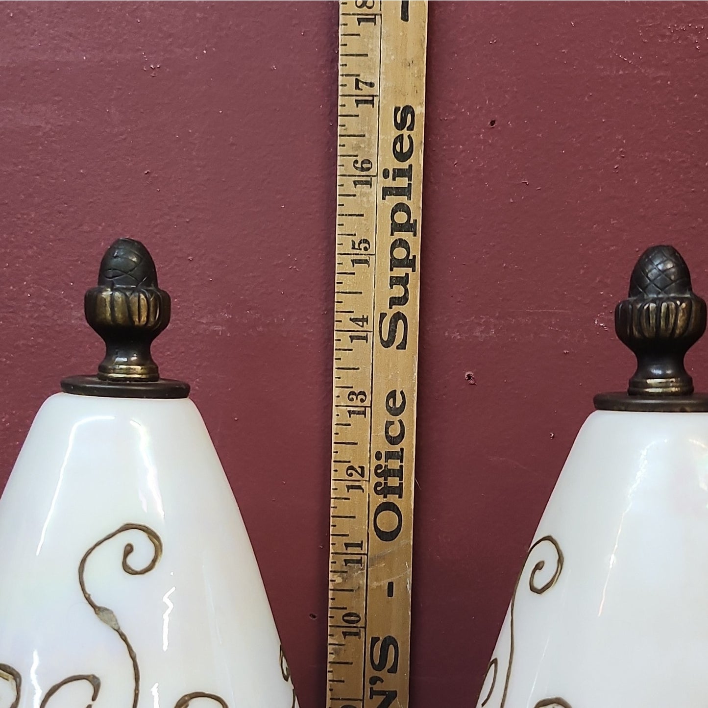 Set of 2 Iridescent White & Gold Glass Cone Lamp Shades Wall Sconce Opaline