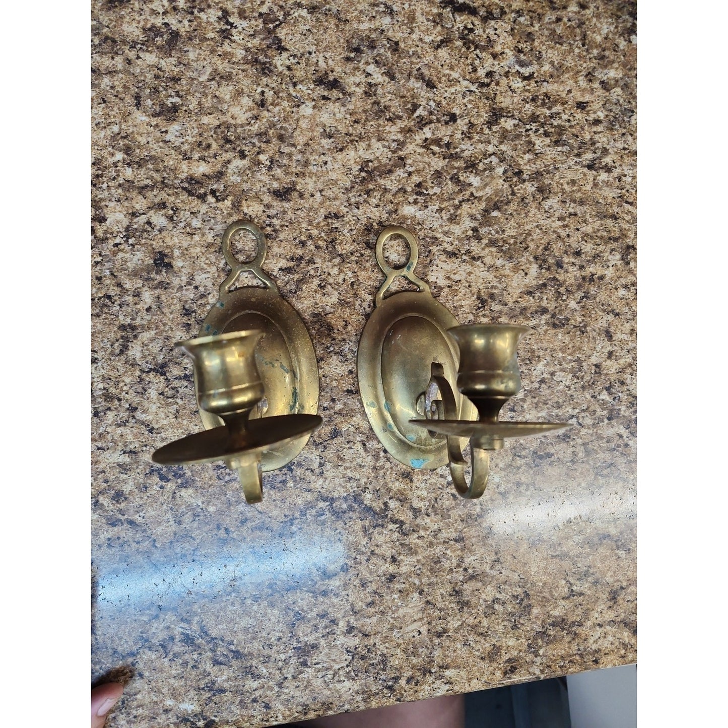 VTG Pair MCM Brass Candlestick Wall Sconces 6.25” Flush Mount Some Patina