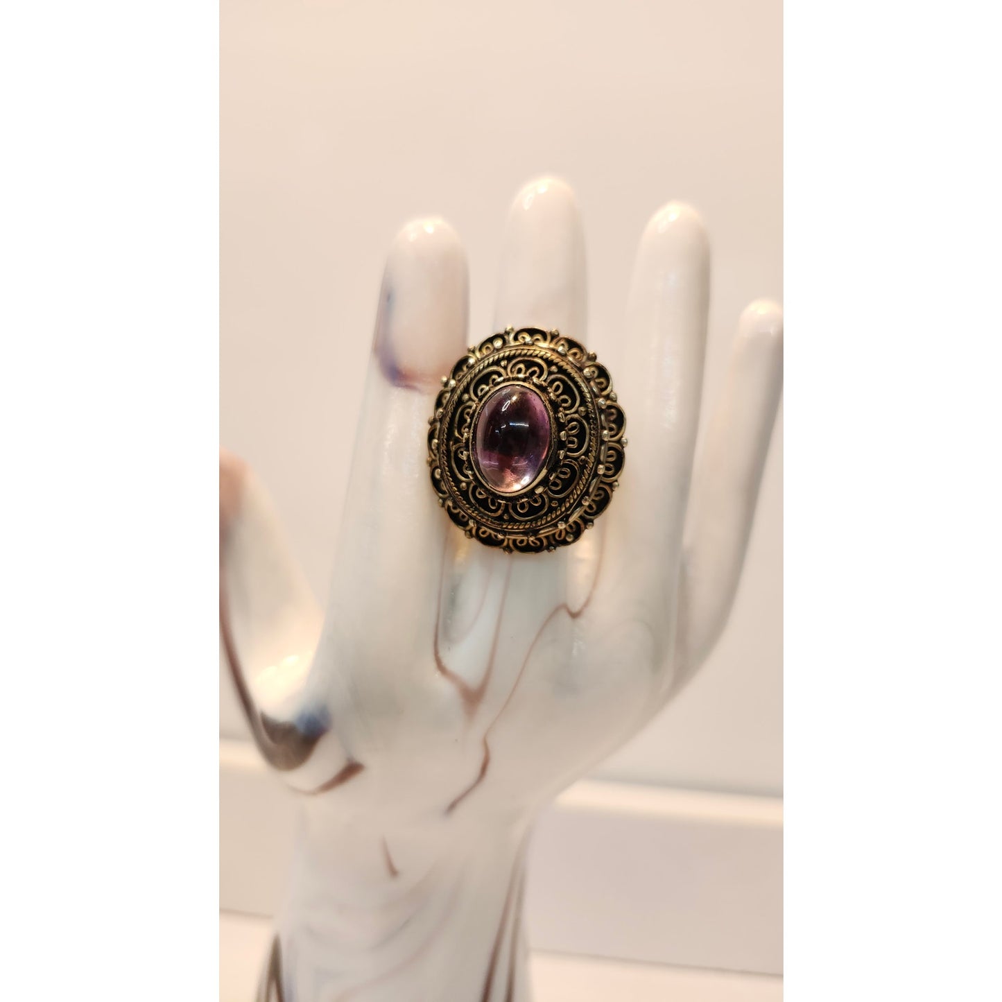 Antique Filigree Cocktail Ring Purple Oval Stone Statement Gold Tone Size 9