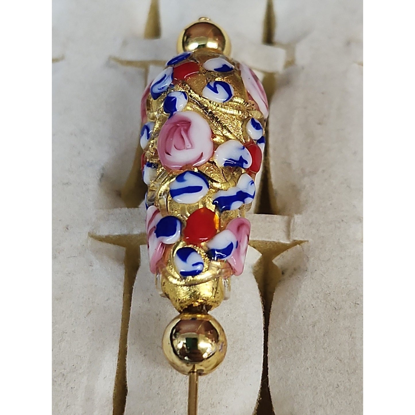 Vintage Handblown Venetian Glass Hat Stick Pin Gold Raised Floral Flowers