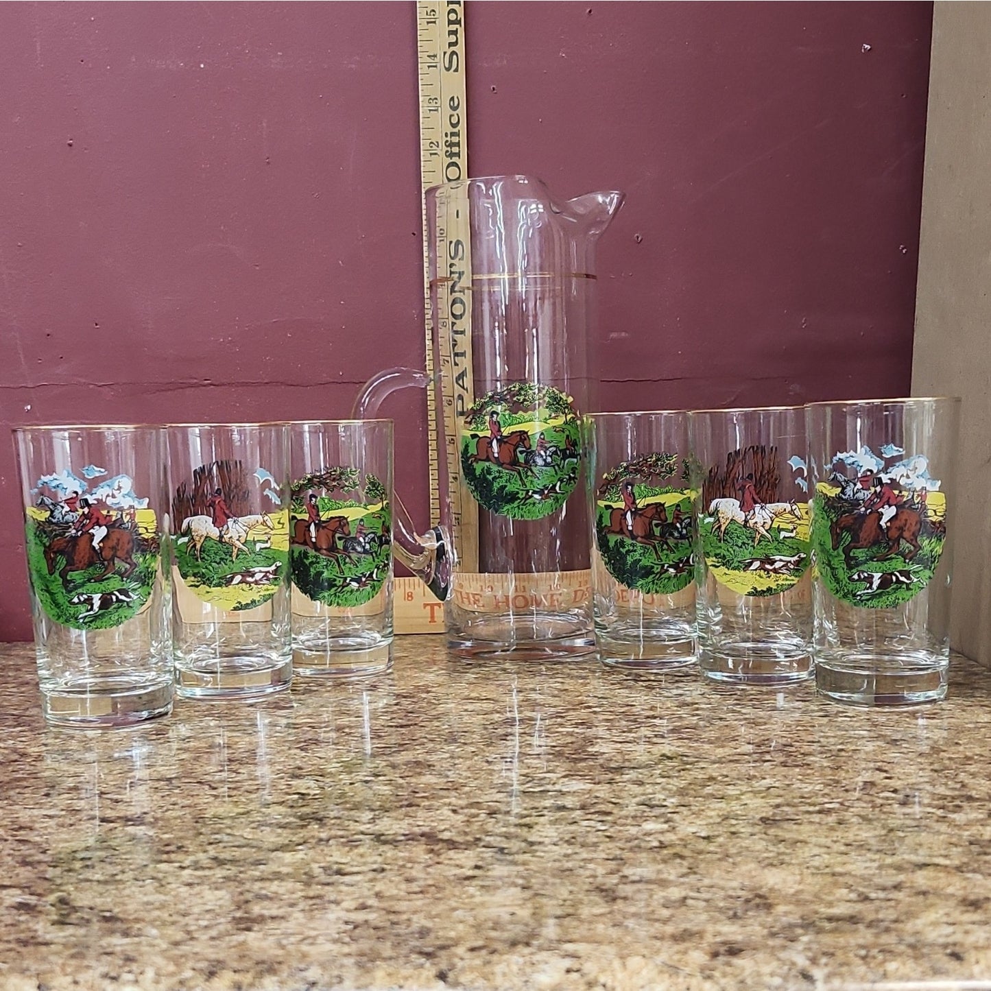 Neiman Marcus Style Glass Pitcher + 6 Tumblers, Hunting Scene Horses