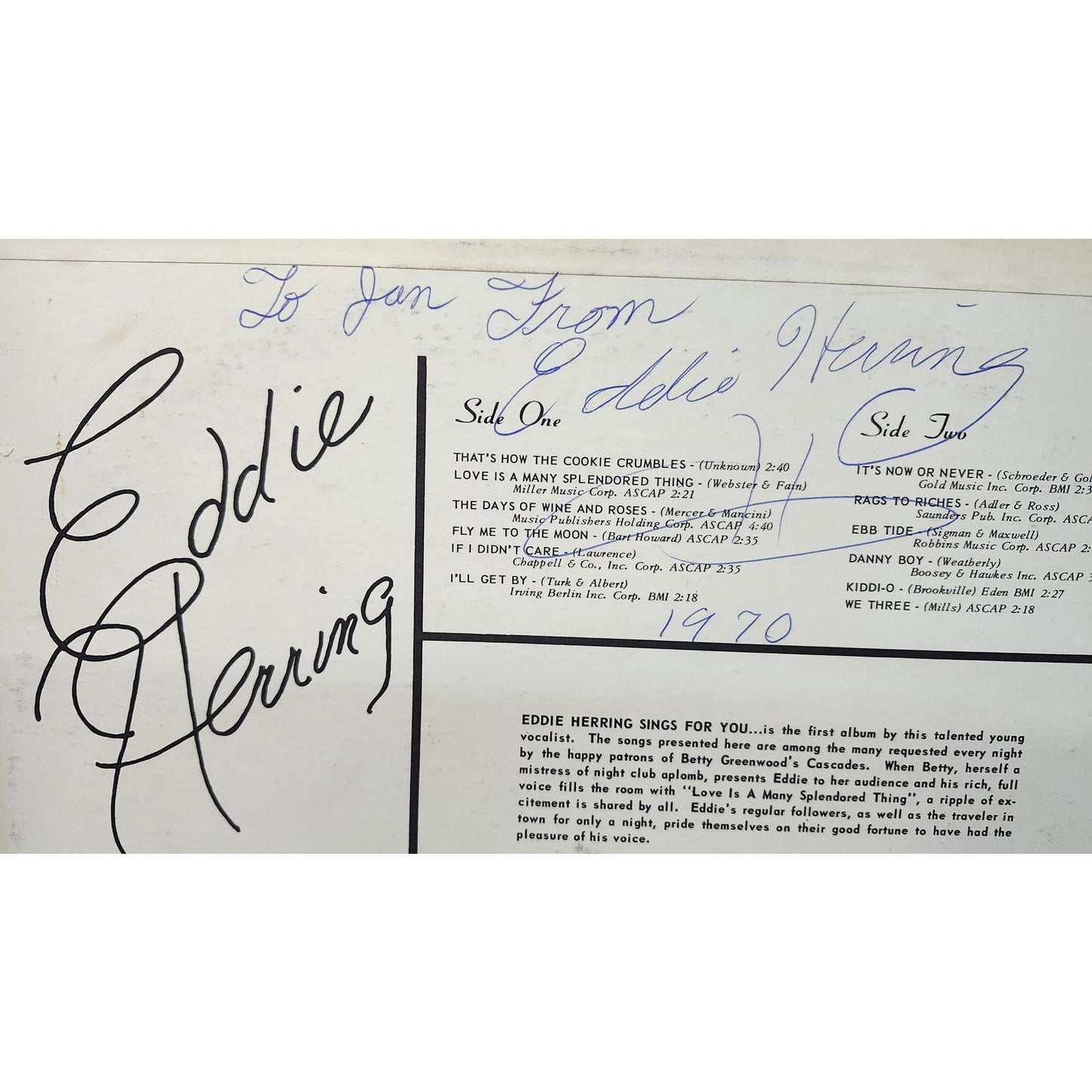 Signed 1970 Eddie Herring Sings For You LP Vinyl Kendall KL-5937 Autographed