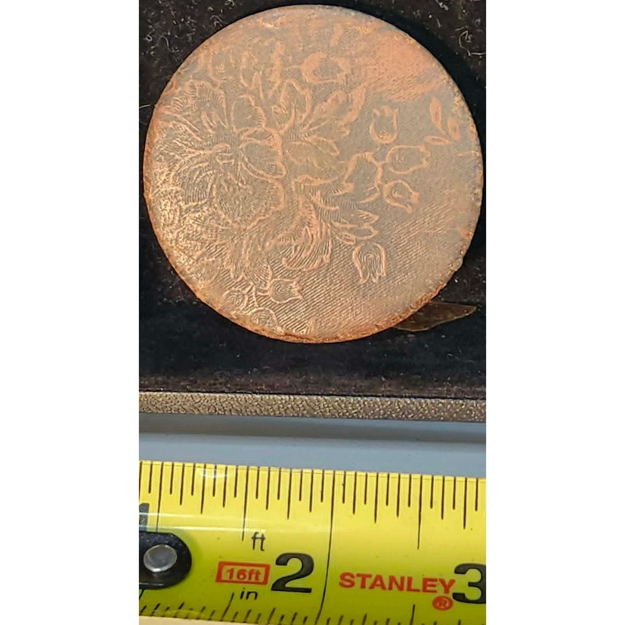 Vintage Round Pocket Compact Mirror Embossed Floral 2 Inch Brown Antique Vanity