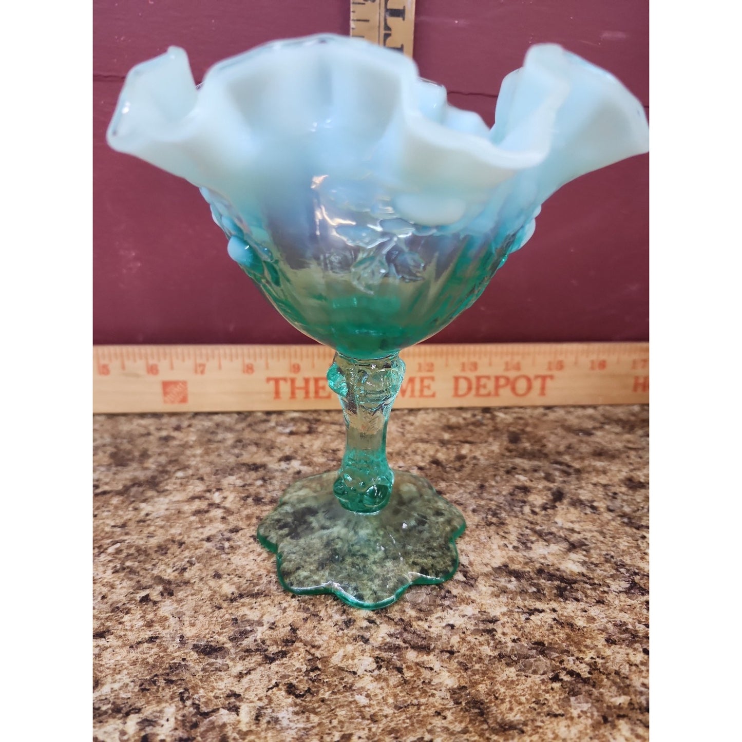 Fenton SEA MIST GREEN OPALESCENT CABBAGE ROSE PATTERN COMPORT 1993 GLOWS