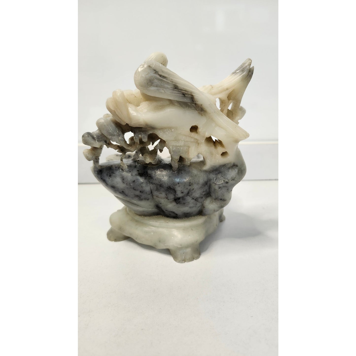 VTG Chinese Soapstone Trinket Dish Gray Hand Carved Bird Flowers Statue Gray