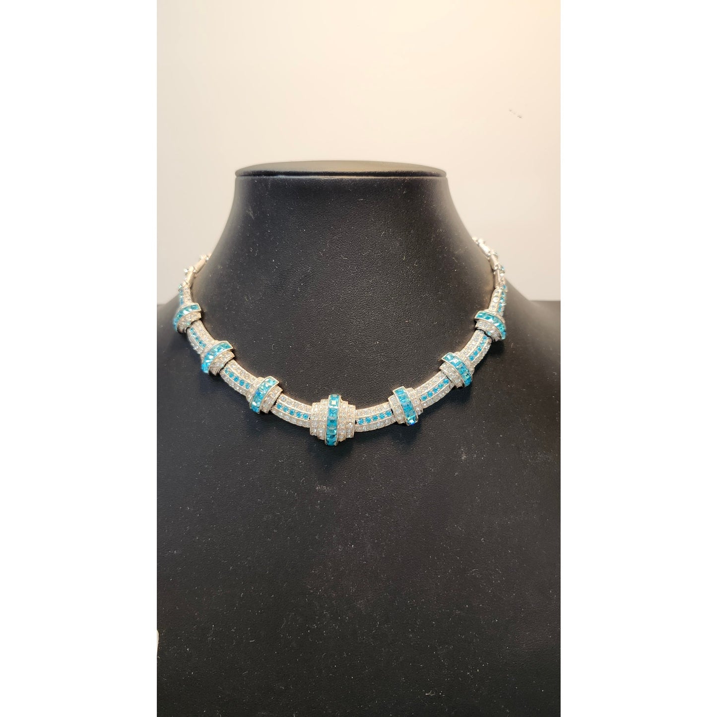 Vintage 1950s ORA Blue Rhinestone Collar Statement Necklace Costume