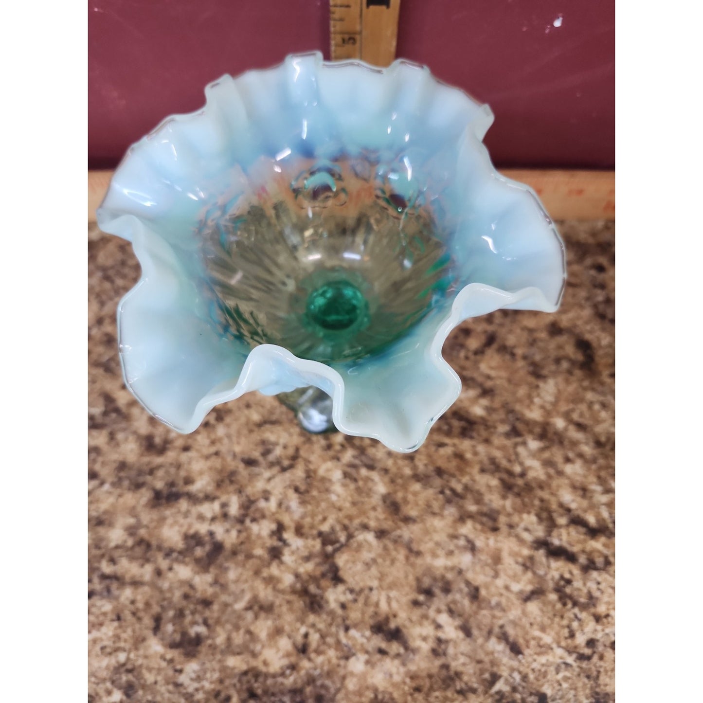 Fenton SEA MIST GREEN OPALESCENT CABBAGE ROSE PATTERN COMPORT 1993 GLOWS