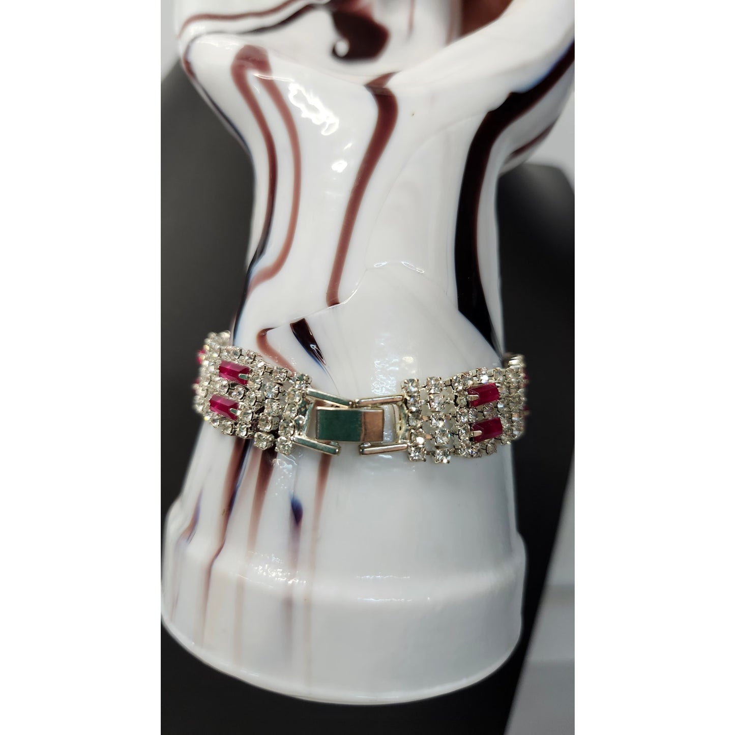 Vintage Ruby Rhinestone Silver-Tone Link Costume Bracelet 7.25"