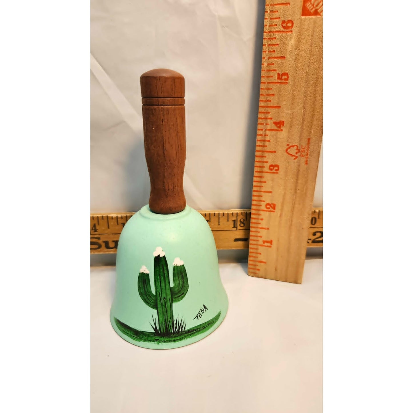 Vintage Tesa Signed Hand Painted Cactus Ceramic Bell Green Brown Wooden Handle